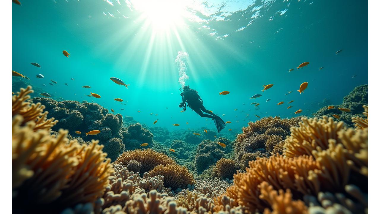 Underwater shot of a thriving coral reef being restored, with a glimpse of divers working, symbolizing conservation success.